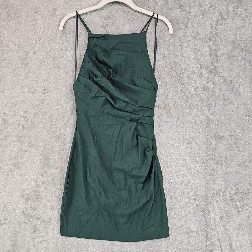 Zara Mini Dress Womens Size M Forest Green Backless Strappy Draped Linen Blend